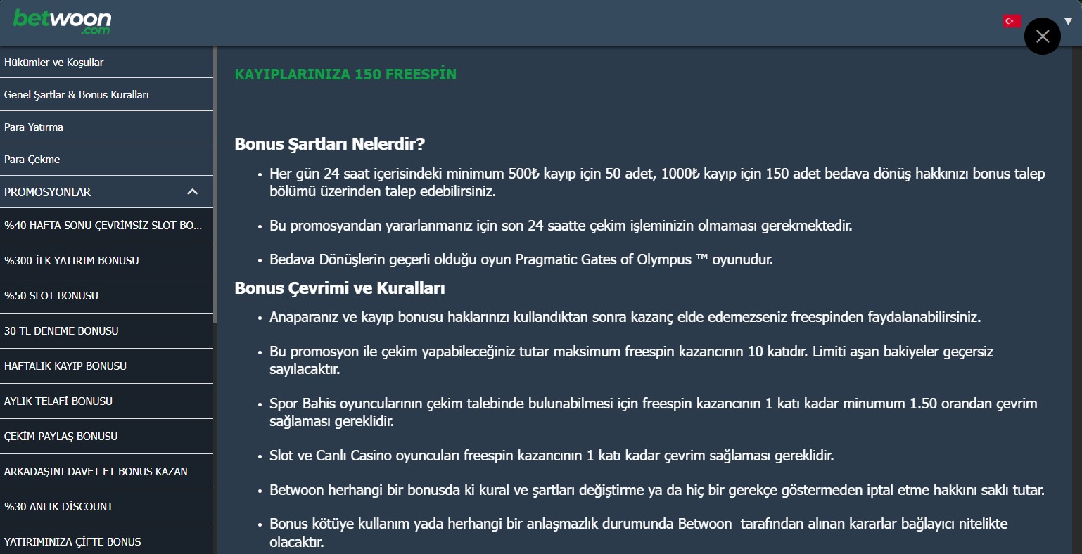 Betwoon kayıplarınıza 150 freespin